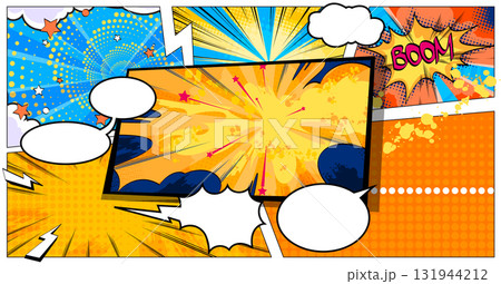 Explosive superhero action with comic clouds 131944212