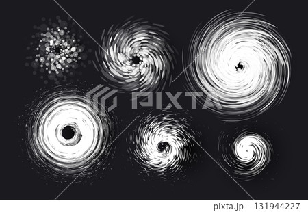 Realistic tornado hurricane funnel swirls, whirlwind cyclone for meteorology infographic, weather news. Global warming. Grayscale galaxy nebula. Danger storm alert disaster wind. Vector illustration. Realistic tornado hurricane funnel swirls, whirlwind cyclone for meteorology infographic, weather news. Global warming. Grayscale galaxy nebula. Danger storm alert disaster wind. Vector illustration. 131944227