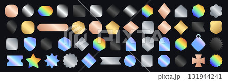 Gradient Metallic Badges Shapes For UI Branding Gold Silver Holographic Buttons Labels Icons. Minimal Modern Elements Set For Web Apps Social Media Packaging Marketing. Vector Illustration. 131944241