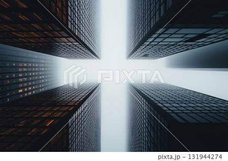 Abstract view of modern office buildings towering into the sky, symbolizing corporate success and urban development 131944274