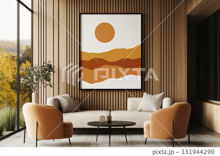 Modern living room interior showcasing a framed abstract artwork with warm earthy tones, complementing the wood paneled wall and stylish furniture Modern living room interior showcasing a framed abstract artwork with warm earthy tones, complementing the wood paneled wall and stylish furniture 131944290