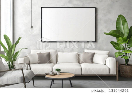 Horizontal customizable frame mockup hanging on a textured concrete wall in a modern living room Horizontal customizable frame mockup hanging on a textured concrete wall in a modern living room 131944291