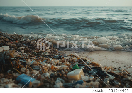 Ocean waves crashing on a beach covered in garbage, highlighting the global issue of plastic pollution Ocean waves crashing on a beach covered in garbage, highlighting the global issue of plastic pollution 131944499