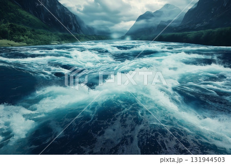 Two powerful rivers are merging together creating white water rapids with mountains in the background 131944503