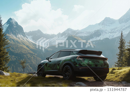 Modern electric suv with nature inspired livery parked in a breathtaking mountain landscape, embodying sustainable travel and eco conscious exploration Modern electric suv with nature inspired livery parked in a breathtaking mountain landscape, embodying sustainable travel and eco conscious exploration 131944787