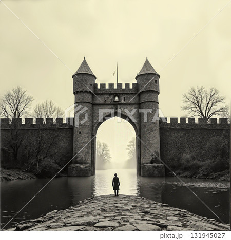 Mysterious dateway a lone figure approaches the ancient fortress. A lone figure stands on a stone pathway leading to an ancient fortress.  131945027