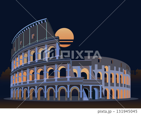 Italy, Colosseum at night with moonlight. Vector. Italy, Colosseum at night with moonlight. Vector. 131945045