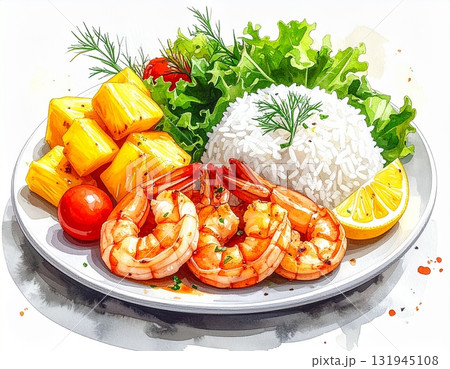 お皿にのったガーリックシュリンプの水彩風イラスト お皿にのったガーリックシュリンプの水彩風イラスト 131945108