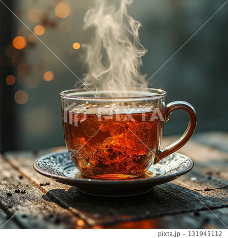 Steaming cup of tea on saucer. A transparent glass cup filled with amber-colored tea sits on an intricate, decorative saucer. Steaming cup of tea on saucer. A transparent glass cup filled with amber-colored tea sits on an intricate, decorative saucer. 131945112