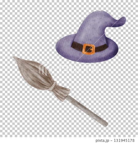 Watercolor witch hat and broom. Hand painted Halloween design element for spooky card, invitation, or magical illustration. Watercolor witch hat and broom. Hand painted Halloween design element for spooky card, invitation, or magical illustration. 131945178