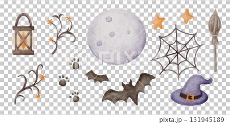 Hand painted watercolor Halloween set with moon, bat, witch hat, broom, web, and lantern. Perfect for card, invitation, or spooky decor. Hand painted watercolor Halloween set with moon, bat, witch hat, broom, web, and lantern. Perfect for card, invitation, or spooky decor. 131945189