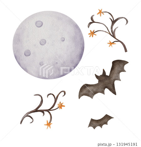 Watercolor full moon, bats, and branches. Hand painted Halloween design element perfect for spooky card, invitation, or night illustration. Watercolor full moon, bats, and branches. Hand painted Halloween design element perfect for spooky card, invitation, or night illustration. 131945191