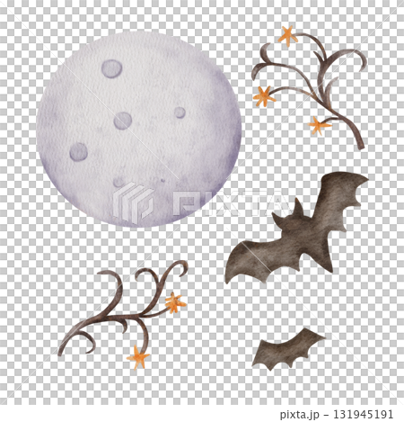 Watercolor full moon, bats, and branches. Hand painted Halloween design element perfect for spooky card, invitation, or night illustration. Watercolor full moon, bats, and branches. Hand painted Halloween design element perfect for spooky card, invitation, or night illustration. 131945191