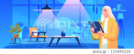 Smart home control woman using tablet modern living room interior wireless speaker technology blue background stylish furniture Smart home control woman using tablet modern living room interior wireless speaker technology blue background stylish furniture 131945228