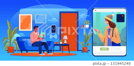 Smart home security video doorbell system man using digital tablet to view visitor modern living room technology interior blue background website banner 131945240