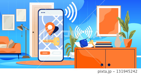 Smartphone key finder app smart home concept modern living room digital map location pin wireless signal sofa cabinet plants books 131945242