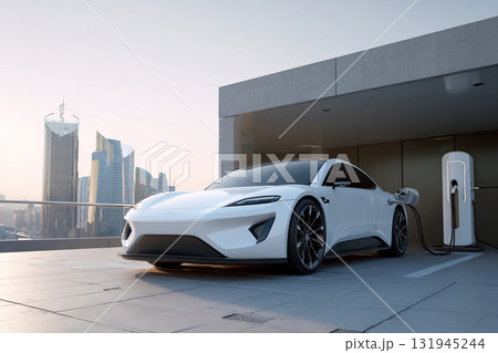 A luxury white electric car is charging on the roof of a building. Modern transportation technologies. 131945244