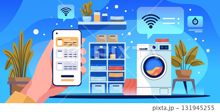 Smart home laundry app remote control washing machine modern laundry room plants shelves detergent blue background technology concept 131945255