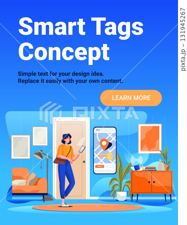 Smart tags concept woman using mobile app digital location tracking living room interior modern technology device home automation 131945267