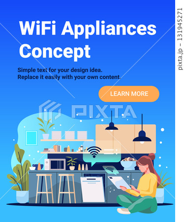 WiFi appliances concept smart kitchen woman controls connected devices modern home interior plants shelves blue background website banner 131945271