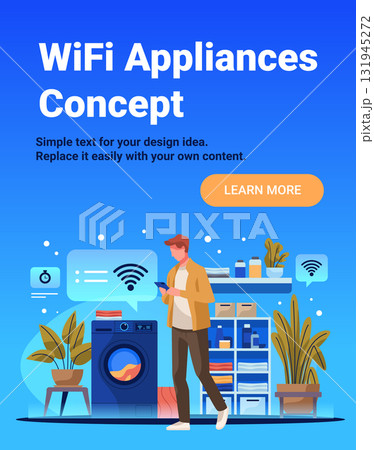 WiFi appliances smart home laundry room man controls washing machine via smartphone modern interior plants shelves detergent blue background website banner 131945272