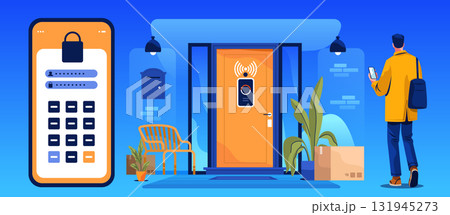 Smart home security access control system app man using mobile phone at front door with wireless lock modern house exterior plants parcel bench blue background 131945273