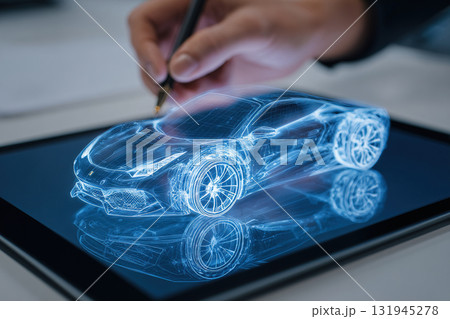 A blue neon projection of an electric car on a tablet. Innovations in the transportation industry. 131945278