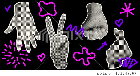 Abstract halftone art with hands. Pop vector illustration with dotted texture and retro raster effect. Minimal black and white layout for modern graphic design and surreal collage composition 131945367