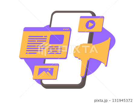 Mobile content marketing - phone screen with article browser, video play, megaphone announcement. Image frame, digital promotion and mobile content marketing for brands on the go vector illustration 131945372