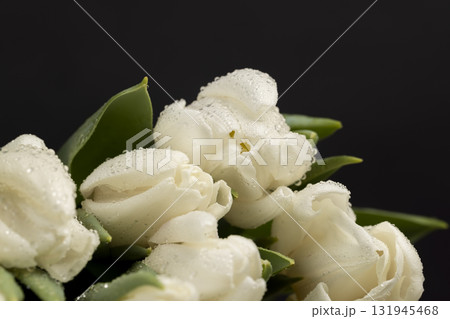 white tulips with green leaves in a large floral bouquet, a large number of beautiful fresh white tulip flowers covered with drops of water in a holiday gift bouquet 131945468