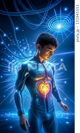 Futuristic human heart digital integration and data flow. A young guy in a sleek, futuristic suit stands against a backdrop of glowing blue digital elements. Futuristic human heart digital integration and data flow. A young guy in a sleek, futuristic suit stands against a backdrop of glowing blue digital elements. 131945553