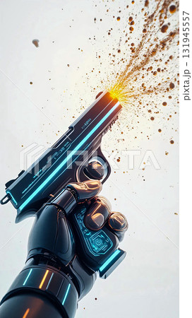 A cybernetic hand fires a pistol. Cybernetic hand with sleek metallic design and intricate circuitry details fires a futuristic pistol.  131945557