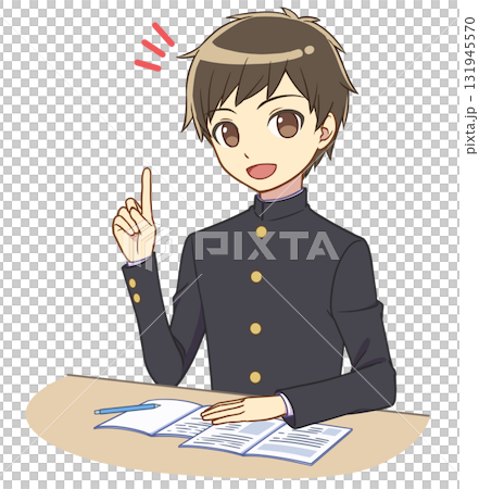 一個穿著校服的男孩在學習和指點 131945570