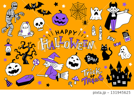 ハロウィンのかわいいイラスト素材集（オレンジ背景） 131945625