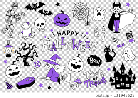 ハロウィンのかわいいイラスト素材集（オレンジ背景） 131945625