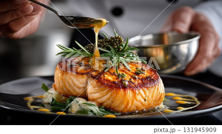 Chef finishing gourmet salmon dish, pouring sauce over perfectly cooked fish with green peppercorns, rosemary, and vegetables on a black plate, showcasing culinary excellence Chef finishing gourmet salmon dish, pouring sauce over perfectly cooked fish with green peppercorns, rosemary, and vegetables on a black plate, showcasing culinary excellence 131945909