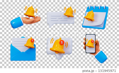 3D bell notification icons. Alerts, messages, calendar and app reminders 3D bell notification icons. Alerts, messages, calendar and app reminders 131945971