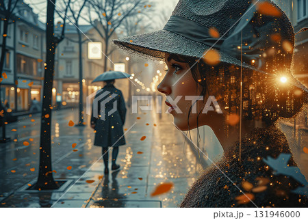 Rainy day dreamer a woman in a hat gazing at city life. A woman wearing a wide-brimmed hat gazes solemnly at a city street on a rainy day. 131946000