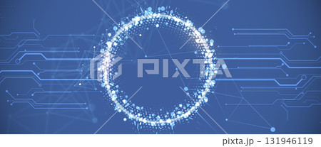 Technology science concept banner. Molecular technology structure with digital overlay 131946119