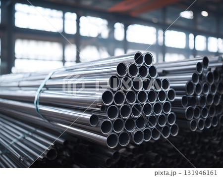 倉庫に積まれたパイプ材の整然とした様子 倉庫に積まれたパイプ材の整然とした様子 131946161