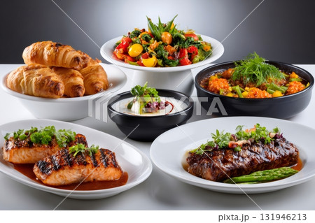 Restaurant table serving gourmet steak salmon salad croissants 131946213