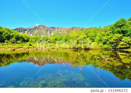 新緑の秘境秋山郷天池・鳥甲山風景 131946272