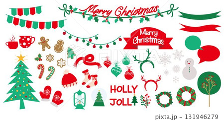 かわいいクリスマスのイラスト素材、クリスマス装飾、デコレーションセット かわいいクリスマスのイラスト素材、クリスマス装飾、デコレーションセット 131946279