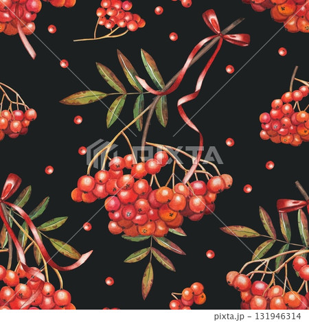 A hand-drawn seamless pattern with rowan berry branches on a dark background. Watercolor illustration. A hand-drawn seamless pattern with rowan berry branches on a dark background. Watercolor illustration. 131946314
