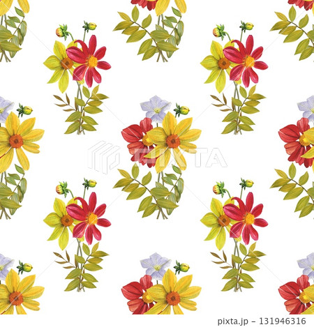 Seamless floral autumn pattern with vibrant dahlias. Hand drawn watercolor illustration. Seamless floral autumn pattern with vibrant dahlias. Hand drawn watercolor illustration. 131946316