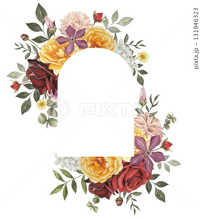 Frame with red, burgundy, yellow, roses, dahlia, clementis, leaves. Hand drawn watercolor illustration. Frame with red, burgundy, yellow, roses, dahlia, clementis, leaves. Hand drawn watercolor illustration. 131946323