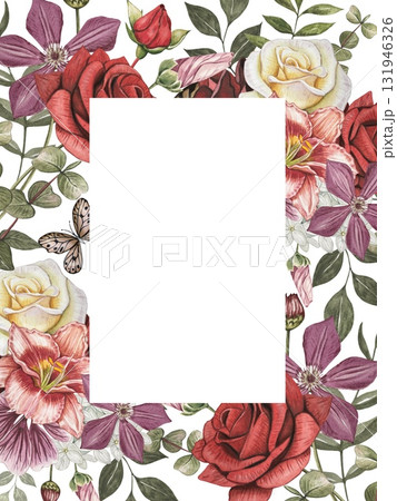 Rectangular frame with  white, red roses, lily, clementis, leaves. Hand drawn watercolor illustration. 131946326