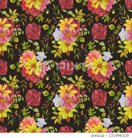 Seamless floral autumn pattern with vibrant dahlias, autumn leaves on dark background. Hand drawn watercolor illustration. 131946329