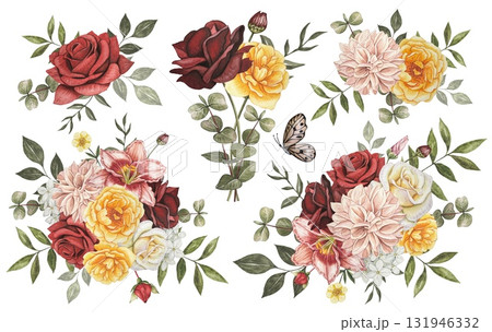 Collection with autumn bouquets. Roses, dahlia, lily, clementis, eucalyptus. Watercolor illustration Collection with autumn bouquets. Roses, dahlia, lily, clementis, eucalyptus. Watercolor illustration 131946332