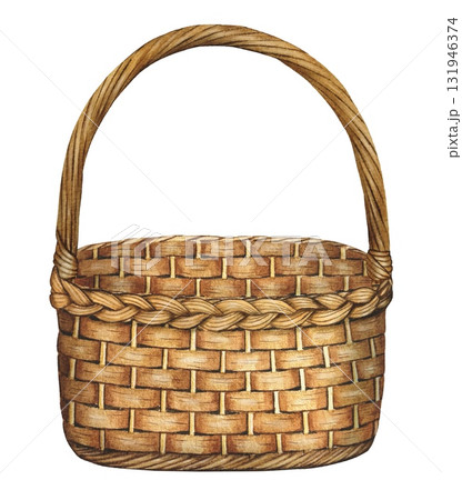 Hand drawn beige wicker basket with handle. Watercolor illustration. 131946374